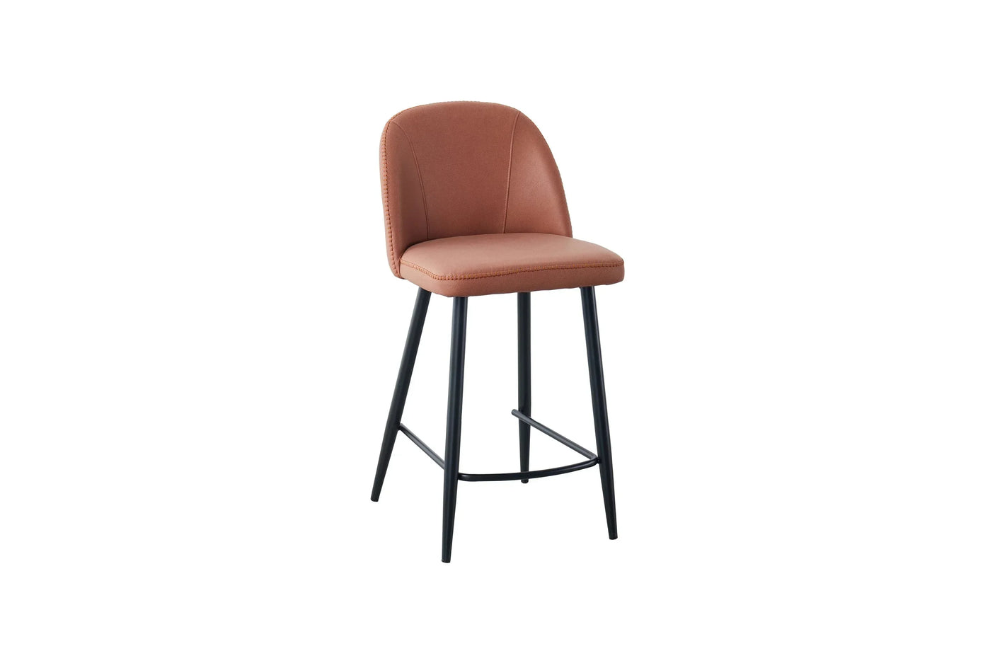 Salmon upholstered counter stool with curved backrest and black metal legs