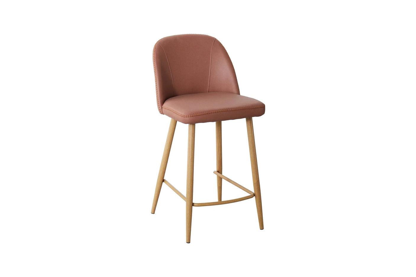Leo counter stool with salmon upholstered seat and backrest, light oak legs, front angle