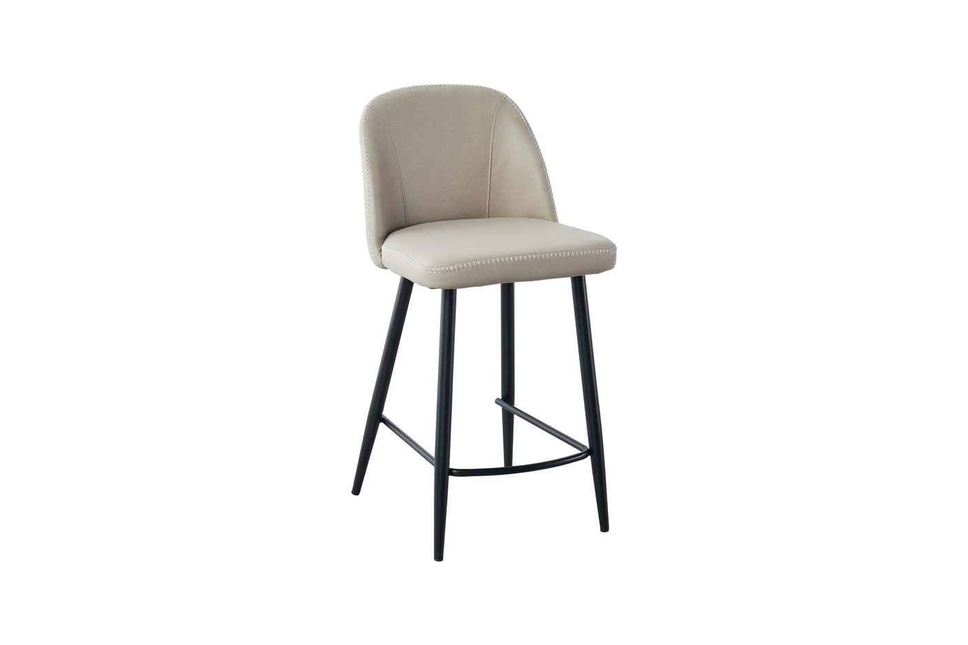 Taupe upholstered counter stool with black metal legs and curved backrest
