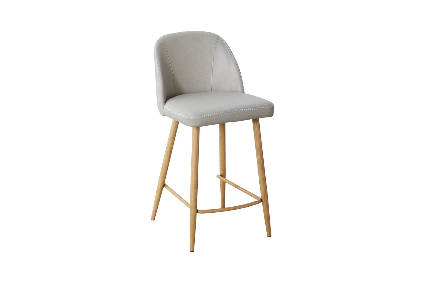 Taupe counter stool with upholstered seat, curved backrest and oak legs, side view