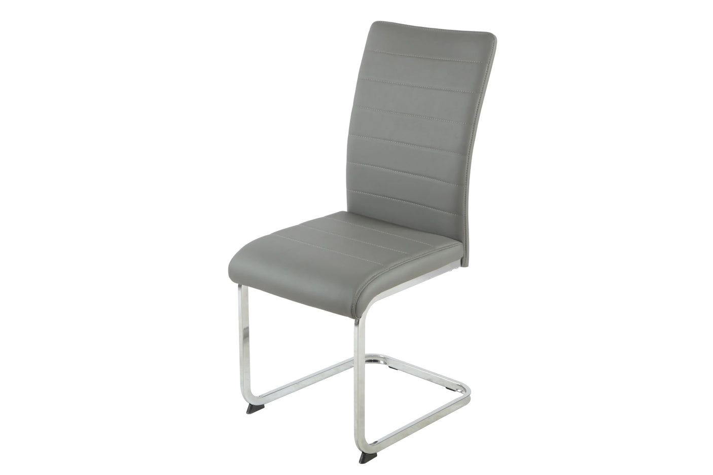 Grey faux leather dining chair with chrome cantilever frame, front angle view