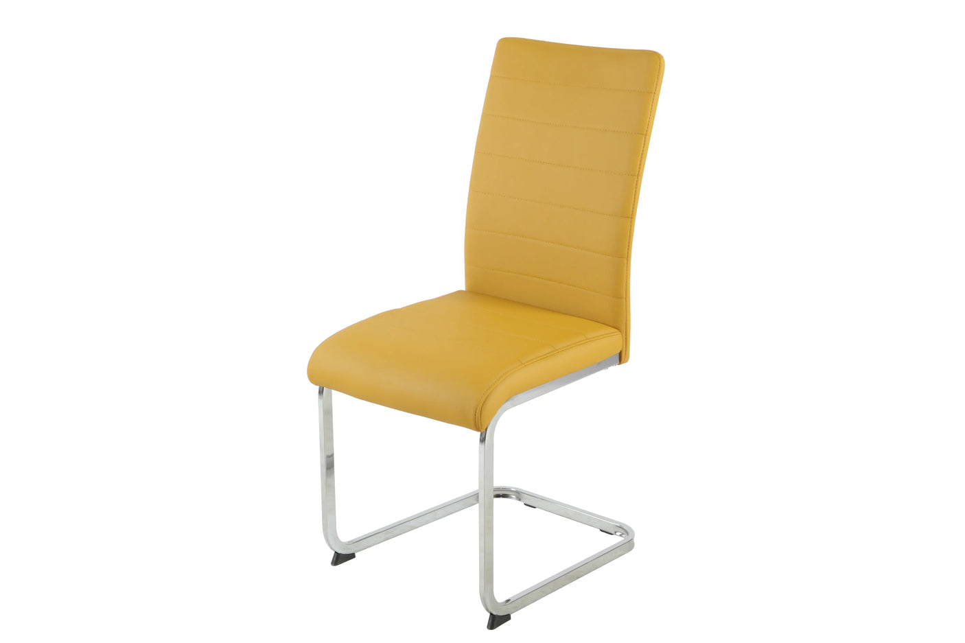 Yellow faux leather dining chair with chrome cantilever frame, side angle view