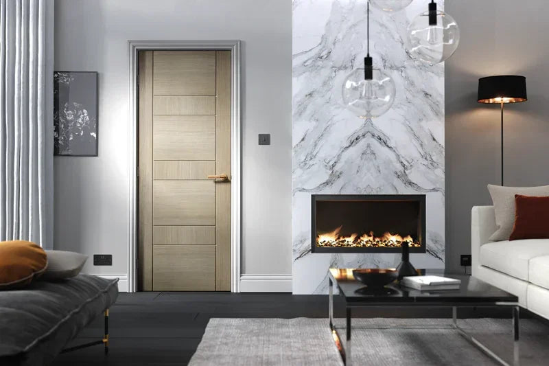 Light grey interior door with horizontal panels in modern living room with marble fireplace
