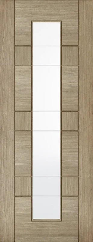 Light grey Edmonton glazed internal door with vertical glass panel and wood grain finish