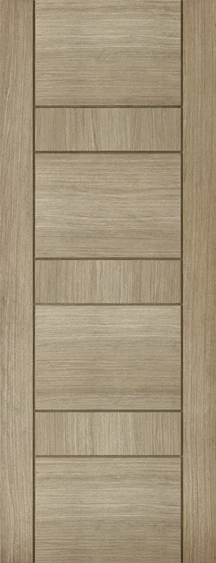 Light grey internal door with horizontal wood grain and five panel design