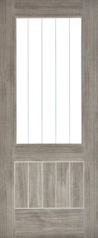 Light grey laminate Mexicano glazed door with vertical glass panels and wood grain finish