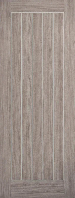 Light grey laminate Mexicano door with vertical grooves and wood grain texture