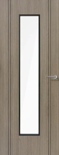Light grey laminate glazed door with vertical glass panel and chrome handle