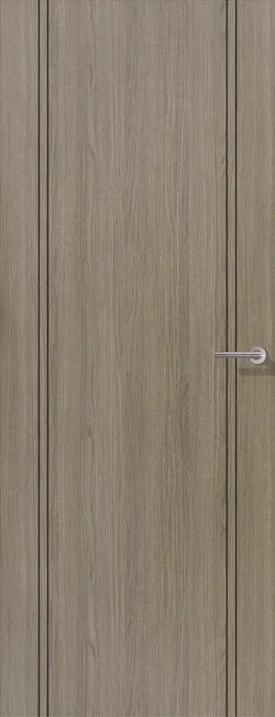 Light grey laminate interior door with vertical wood grain and modern handle