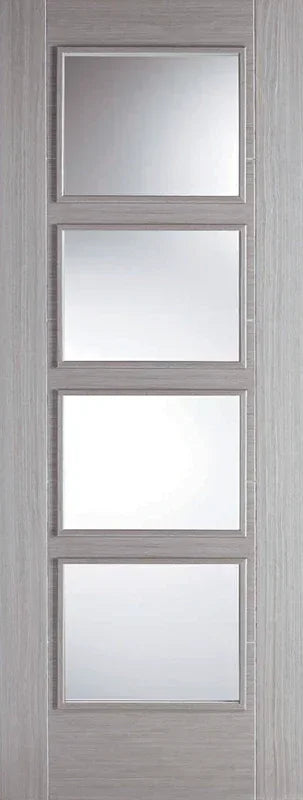 Light grey glazed internal door with four glass panels, modern wood finish