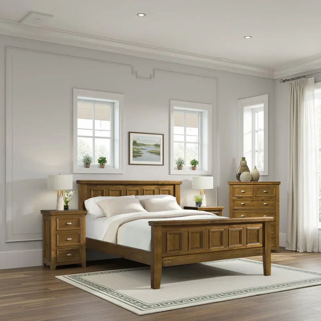 Solid wood bed frame with matching bedside tables and chest in bright bedroom setting