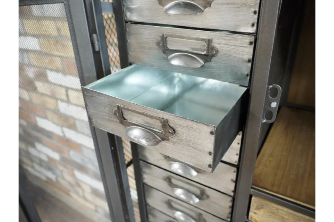 Industrial metal storage cabinet with open drawer and silver handles
