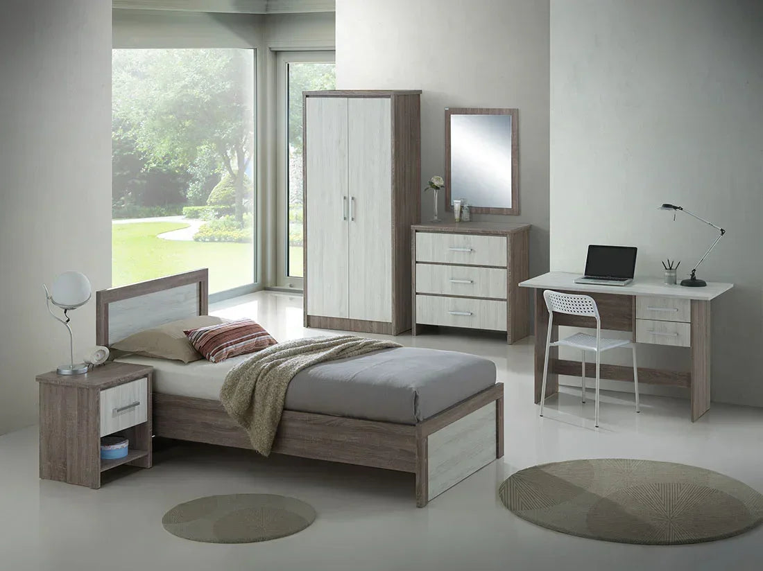 Modern wood bedroom furniture set with bed, wardrobe, desk, drawers and bedside table