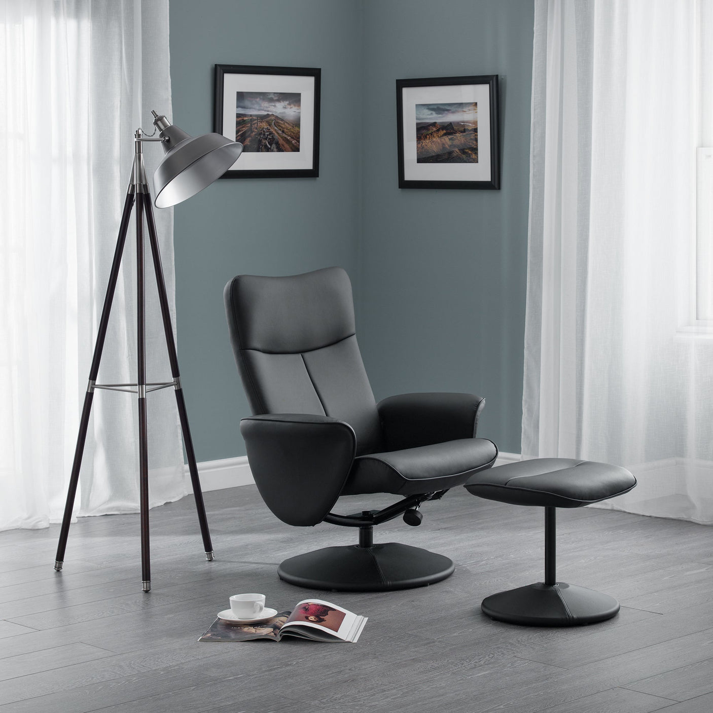 Lugano Recliner And Stool With Covered Base - Black - LUG001