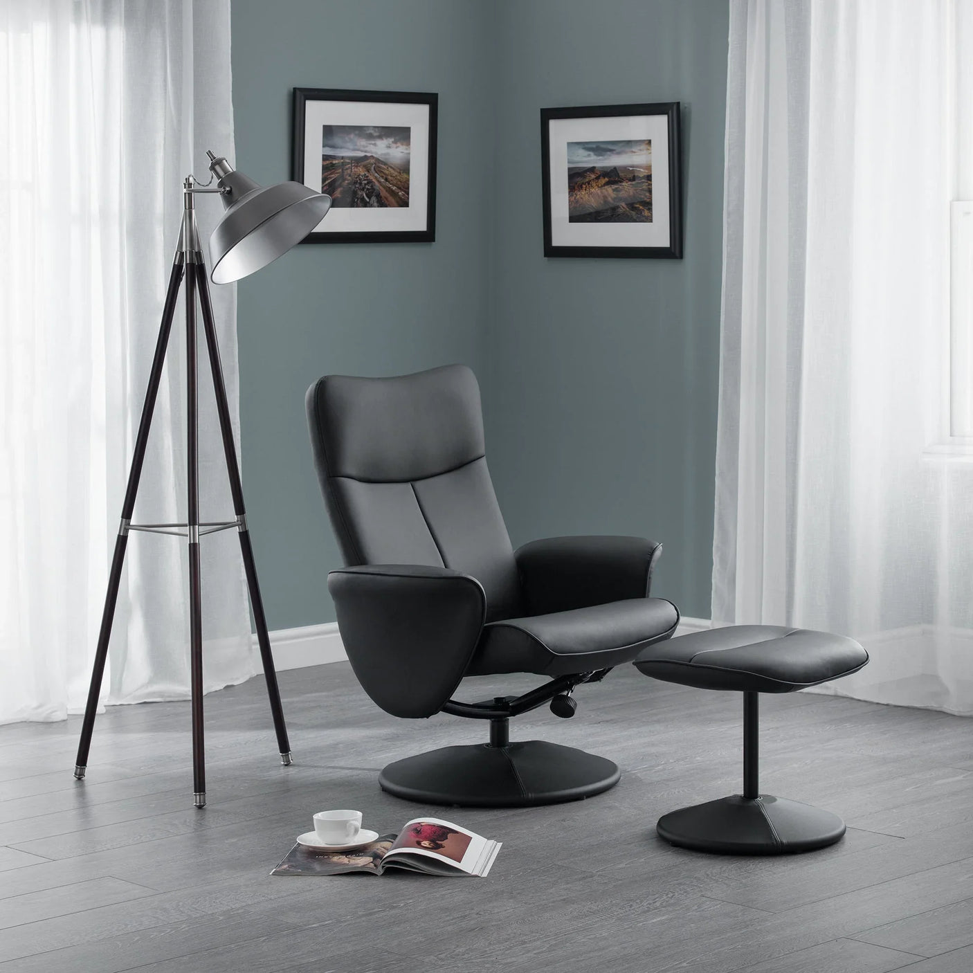 Lugano Recliner And Stool With Covered Base - Black - LUG001