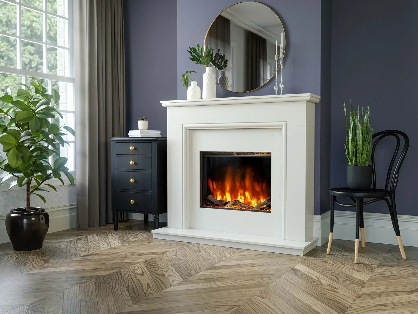 White electric fireplace suite with mirror and indoor plants in modern living room