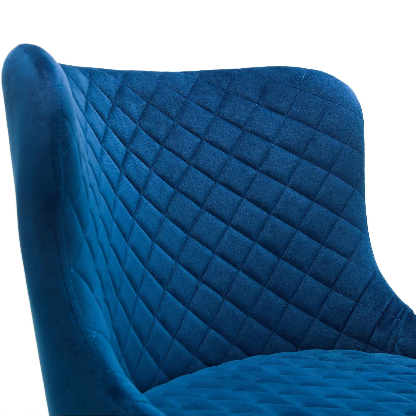 Blue bar stool with quilted velvet back detail in close-up view