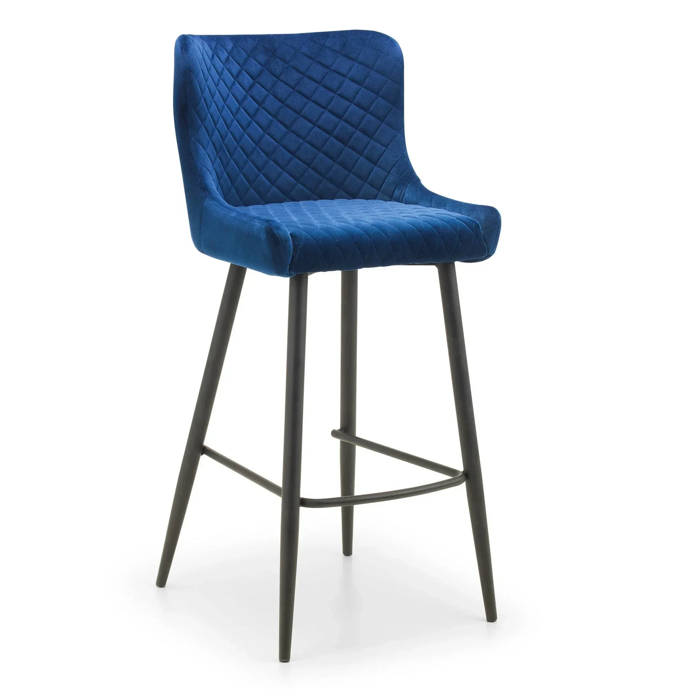Blue bar stool with quilted velvet seat and black metal legs on white background