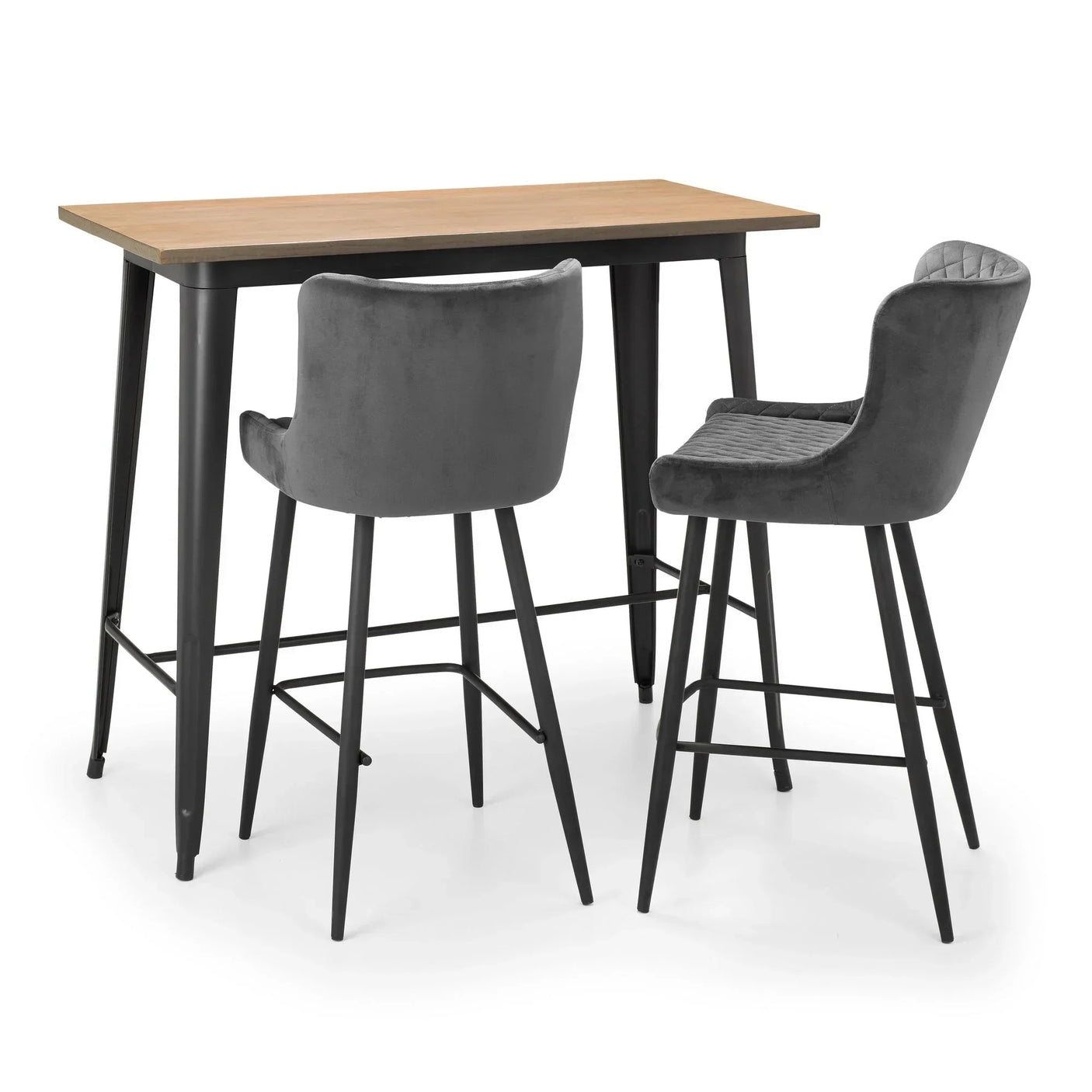 Pair of grey bar stools with metal legs at a rectangular wooden top bar table