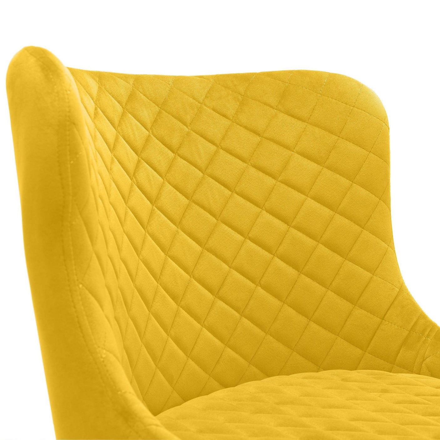 Mustard bar stool with quilted velvet backrest and seat, close detail view