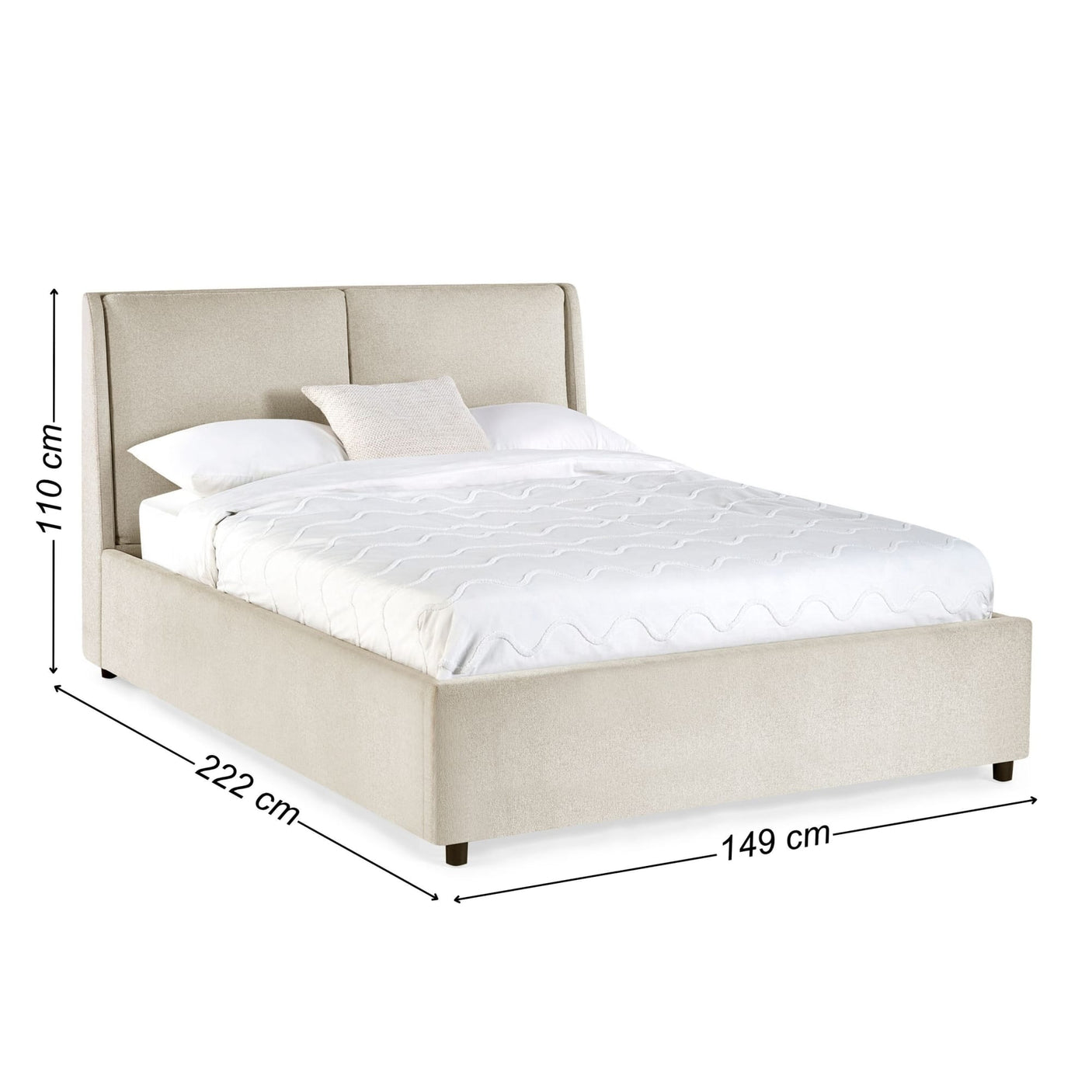Beige fabric upholstered bed with dimensions 149x222 cm and 110 cm headboard height