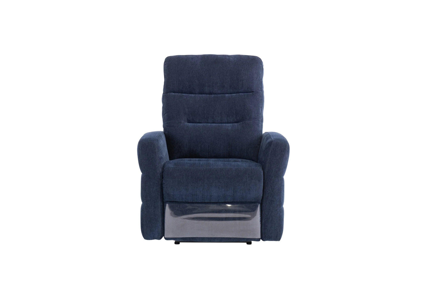 Navy blue fabric recliner armchair with padded seat and backrest, front view