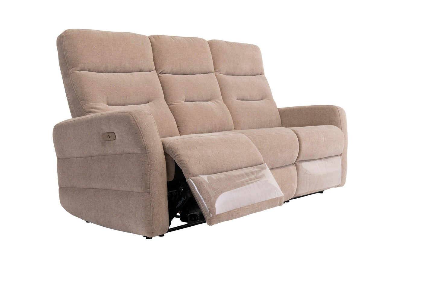 Beige fabric recliner sofa with three seats and extended footrest, angled front view