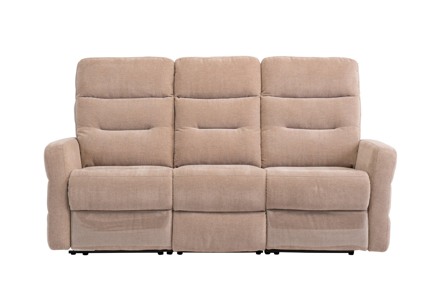Beige fabric recliner sofa with three seats and padded cushions, front view on white background