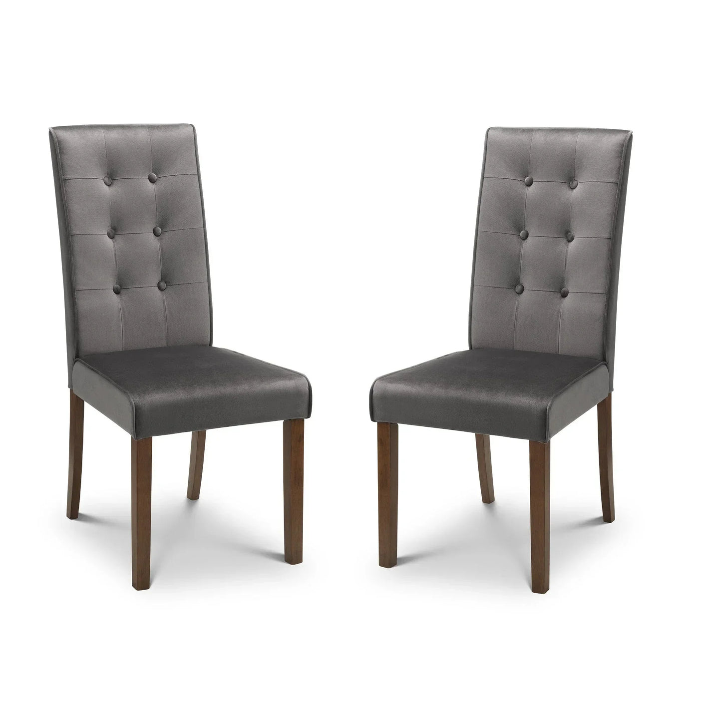 Pair of grey velvet dining chairs with button-tufted backs and dark wooden legs