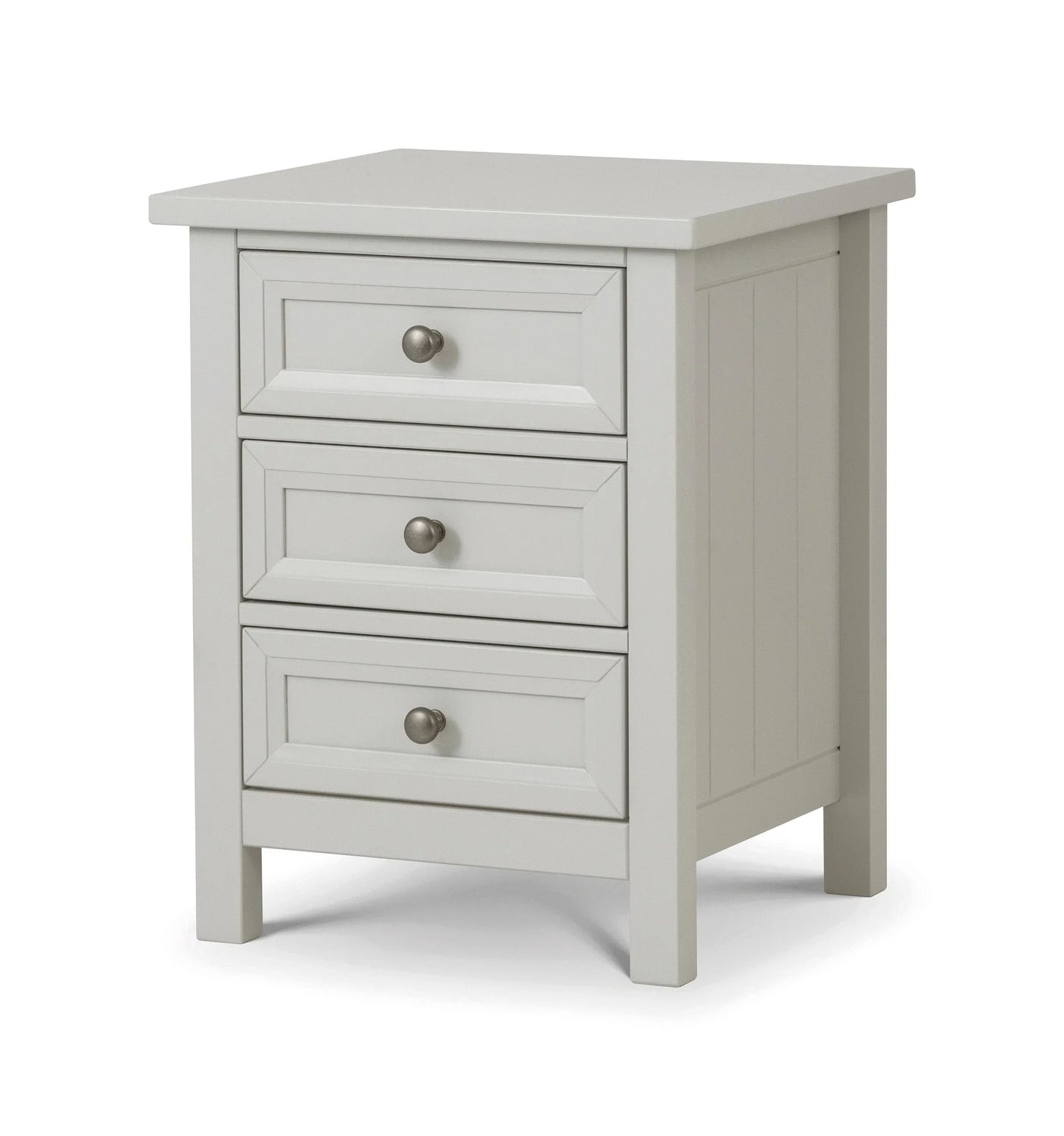 Dove grey bedside table with three drawers and round metal handles, angled front view