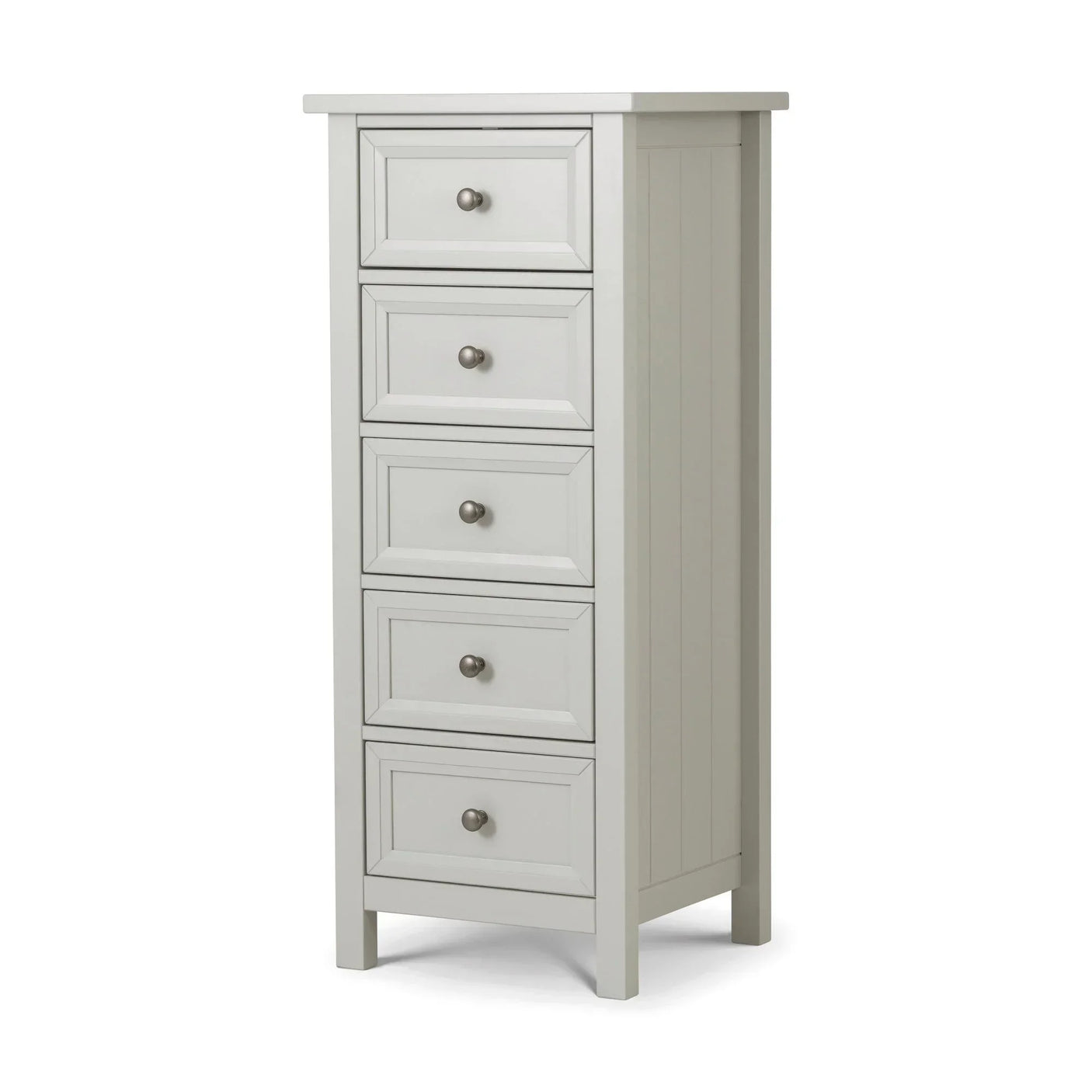 Tall grey chest of drawers with five drawers and brushed metal handles