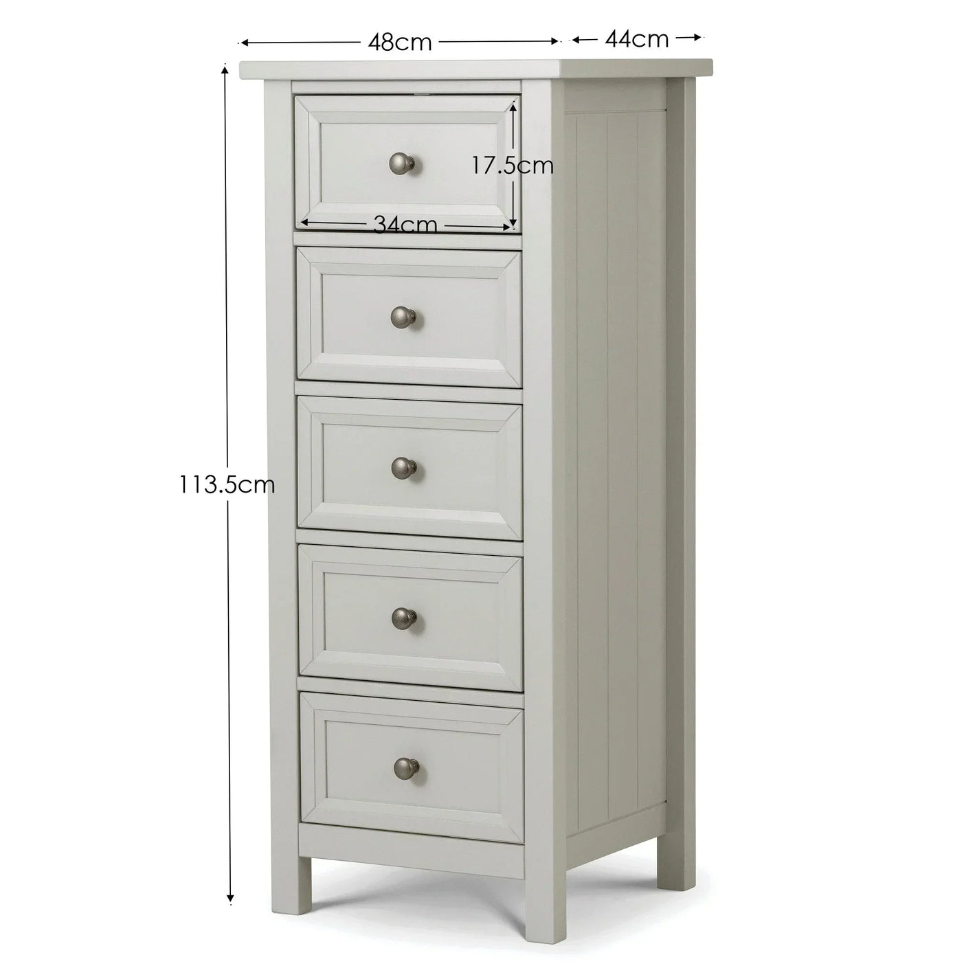 Tall white chest of drawers with five drawers and measurements shown on side and front