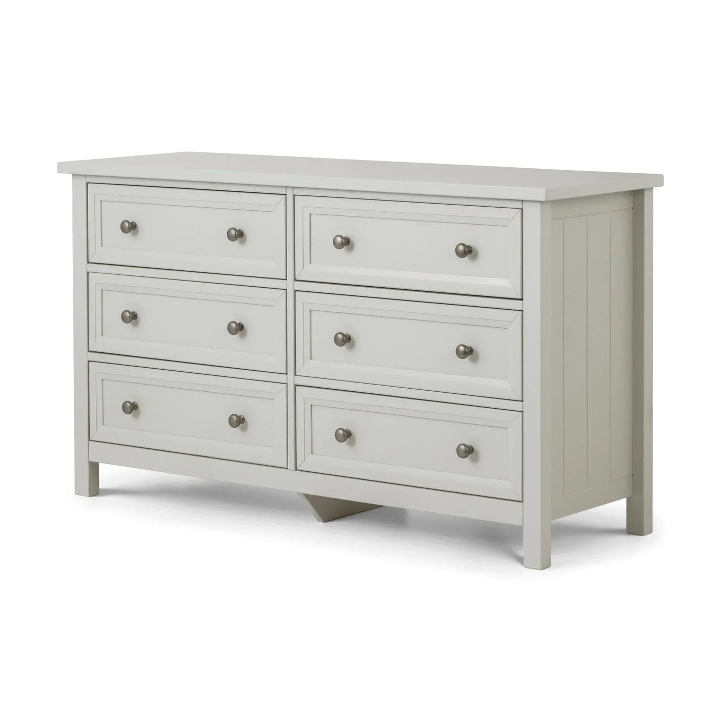 White wooden chest of drawers with six metal handles and panelled sides