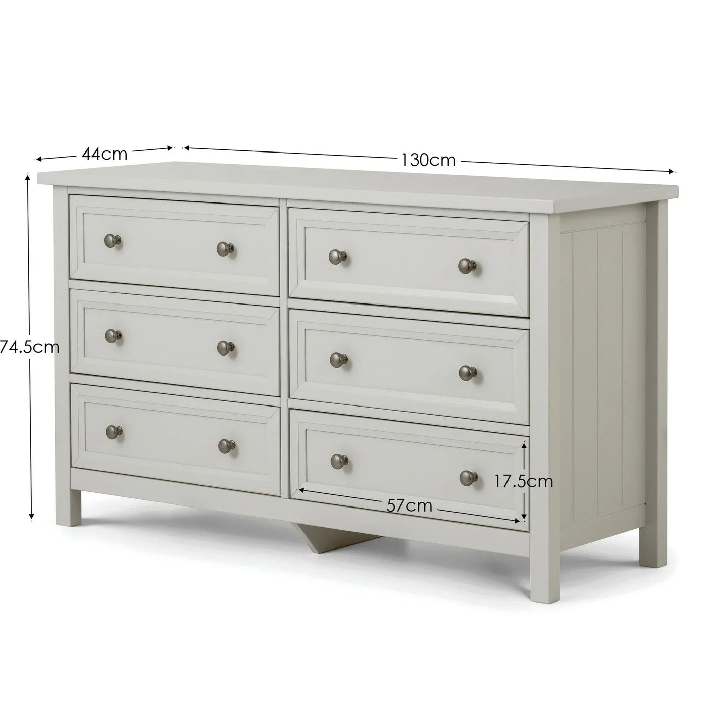 White wooden chest of drawers with six drawers, metal knobs, and visible product dimensions