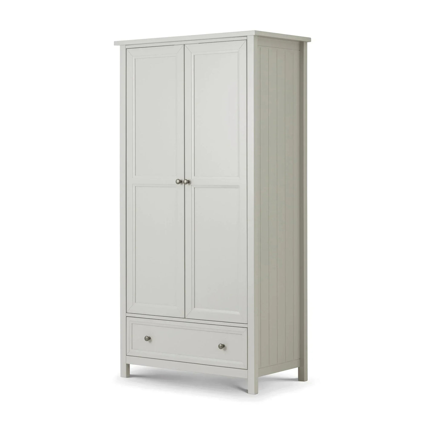 White wooden wardrobe with double doors and lower storage drawer, side panel detail visible