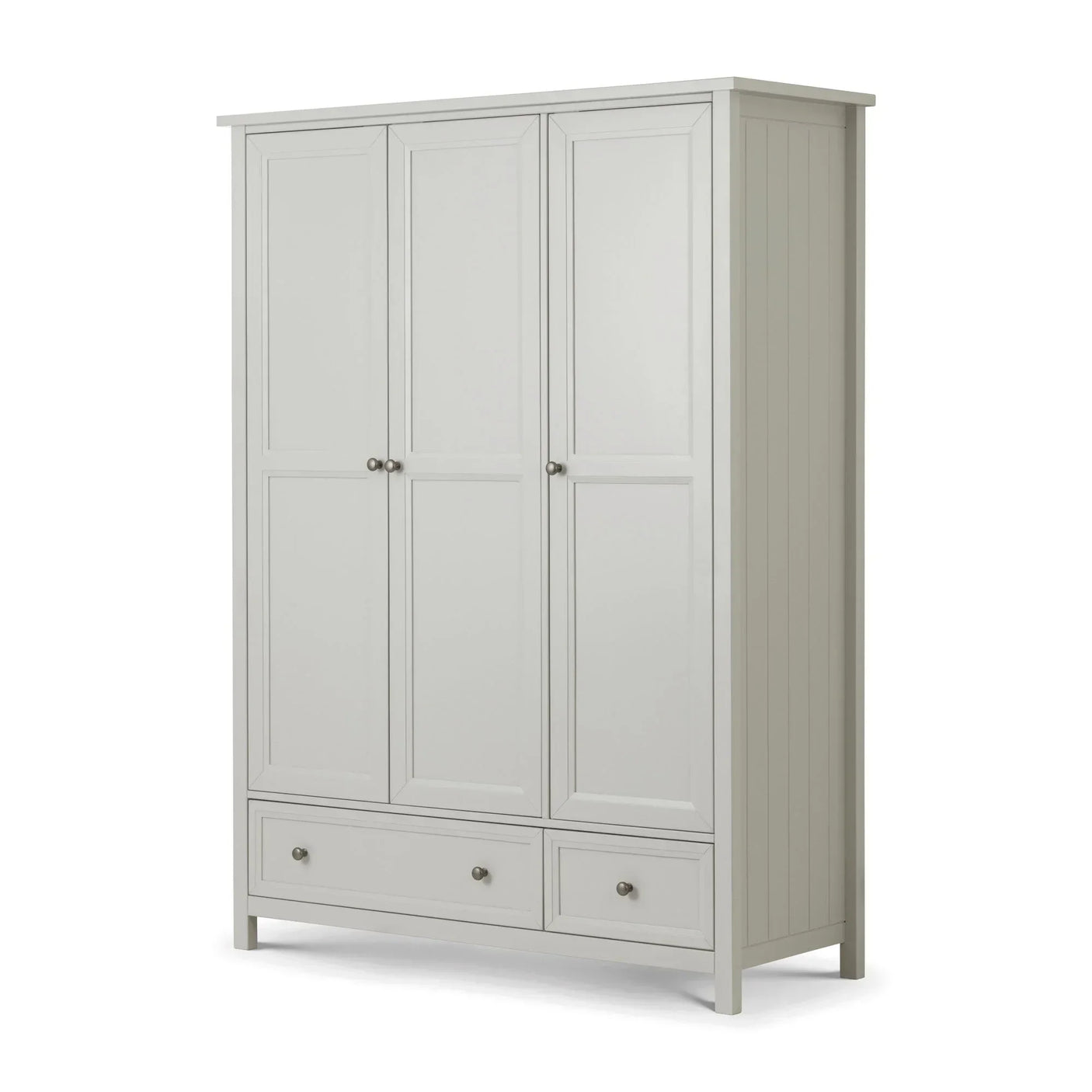 Grey three door wardrobe with panelled doors and three lower drawers, front angle view