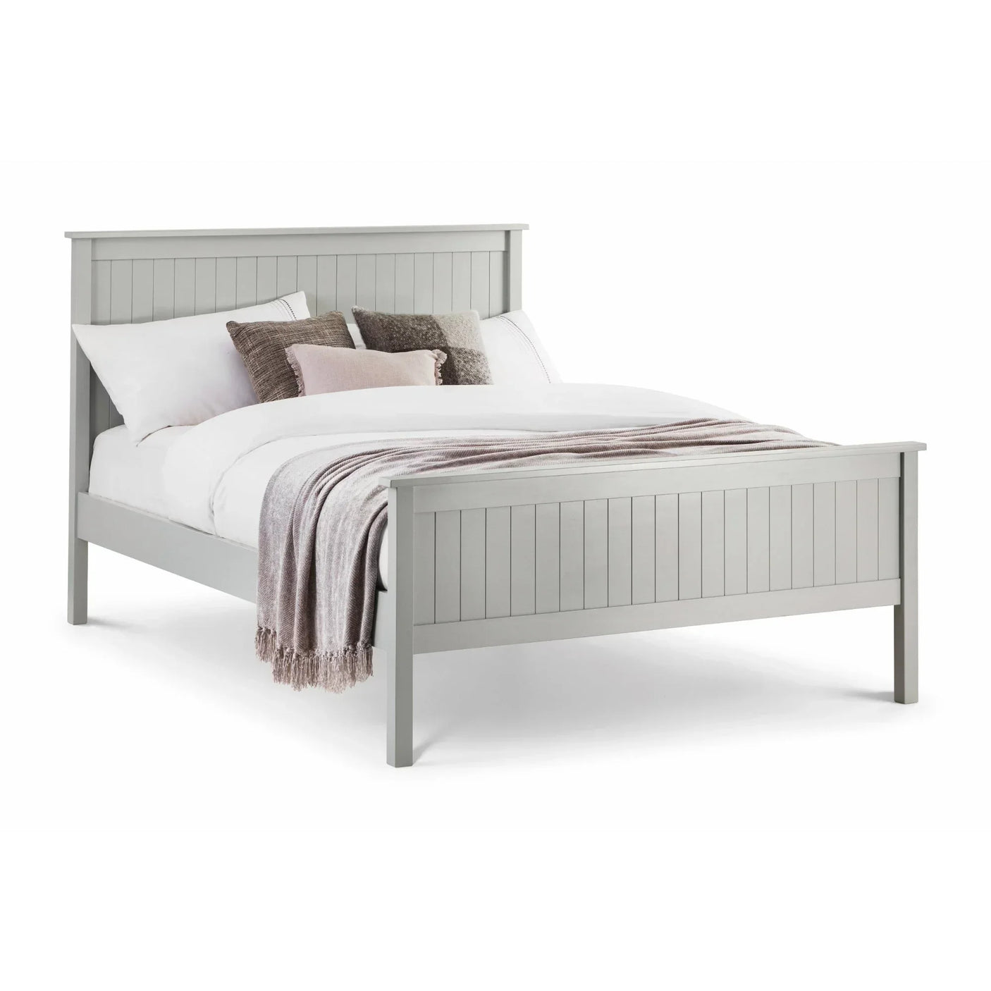 Grey wooden bed frame with paneled headboard, white bedding and decorative throw pillows