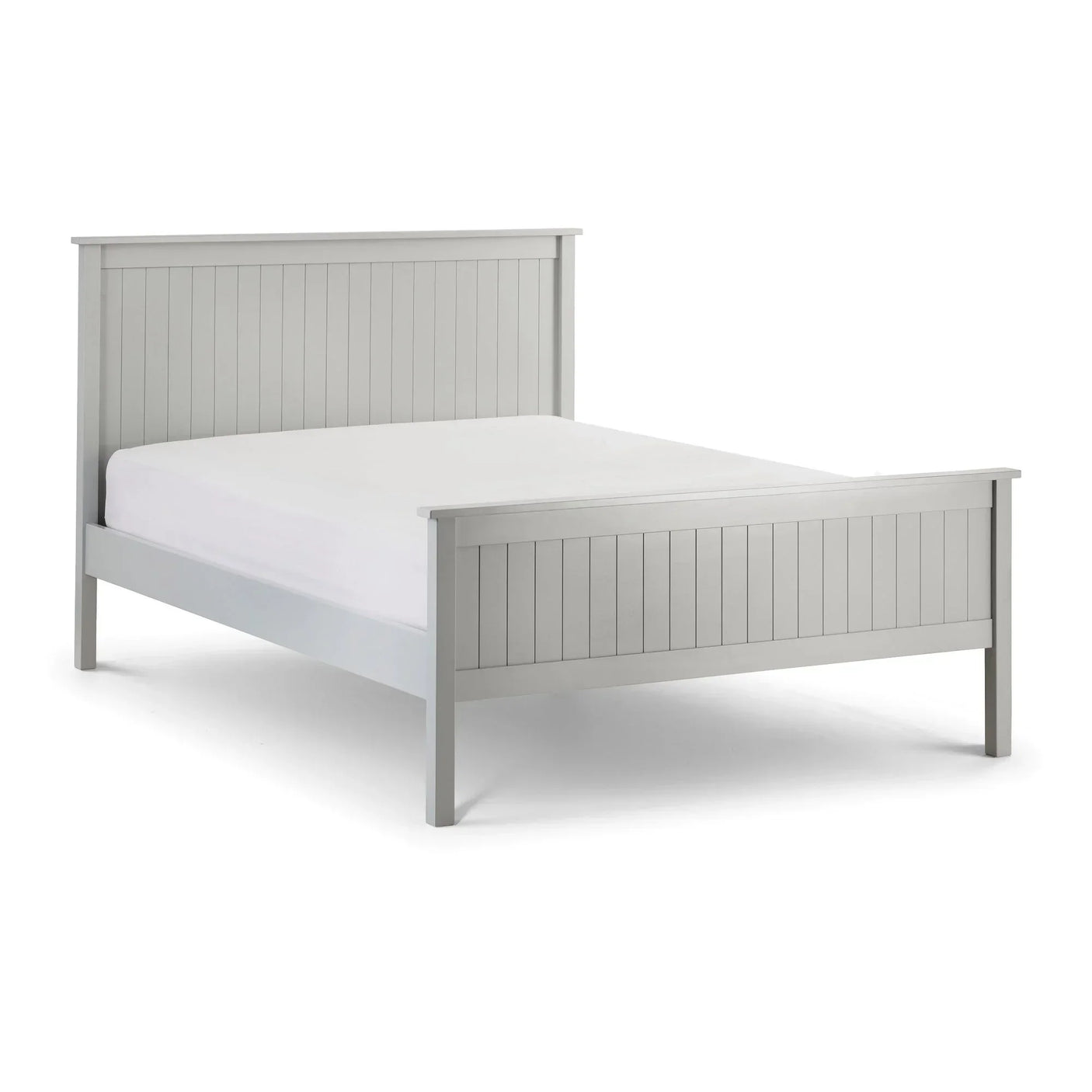 Grey wooden bed frame with panelled headboard and footboard, three-quarter angle view