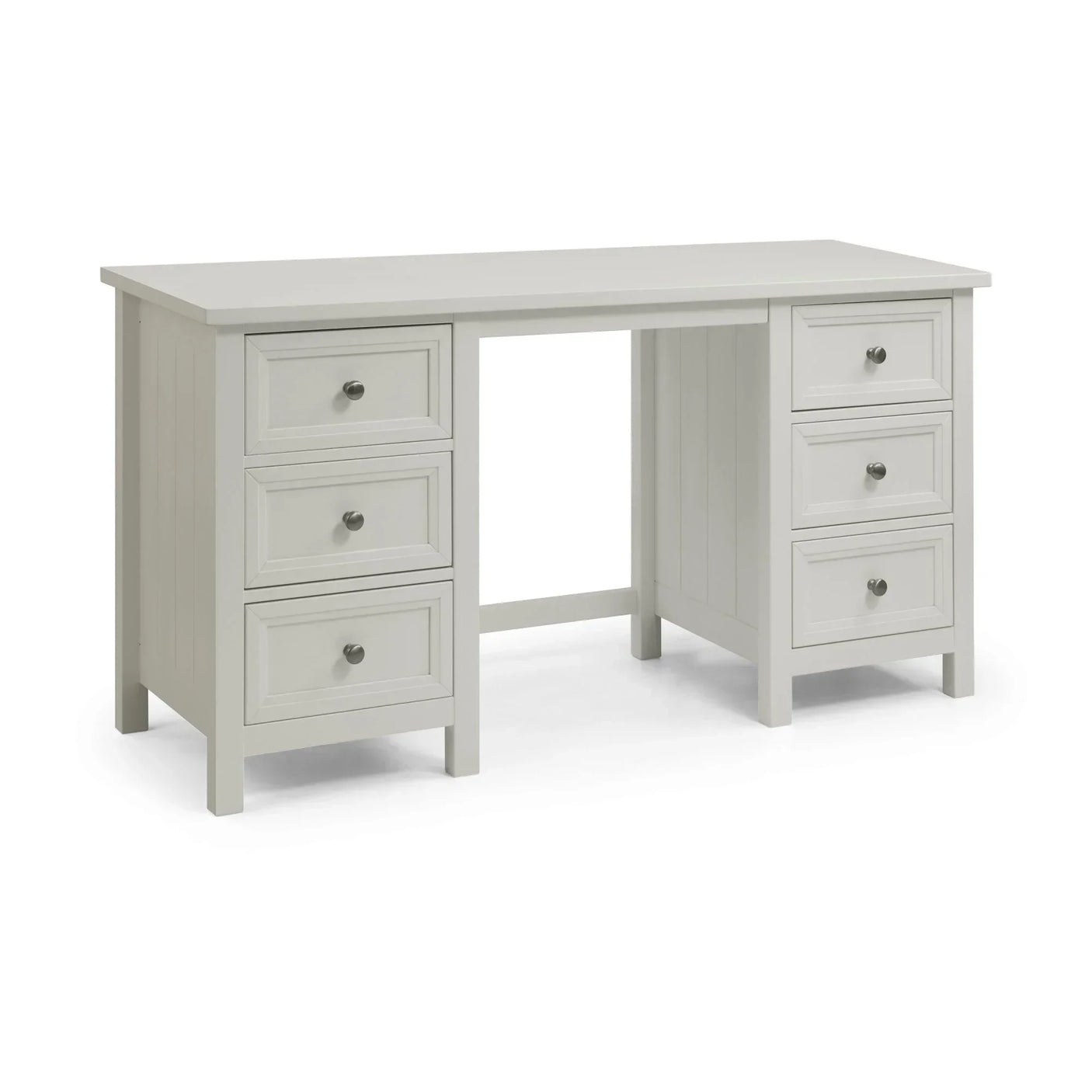 White wooden desk with six drawers and panel detailing, shown from the front left angle