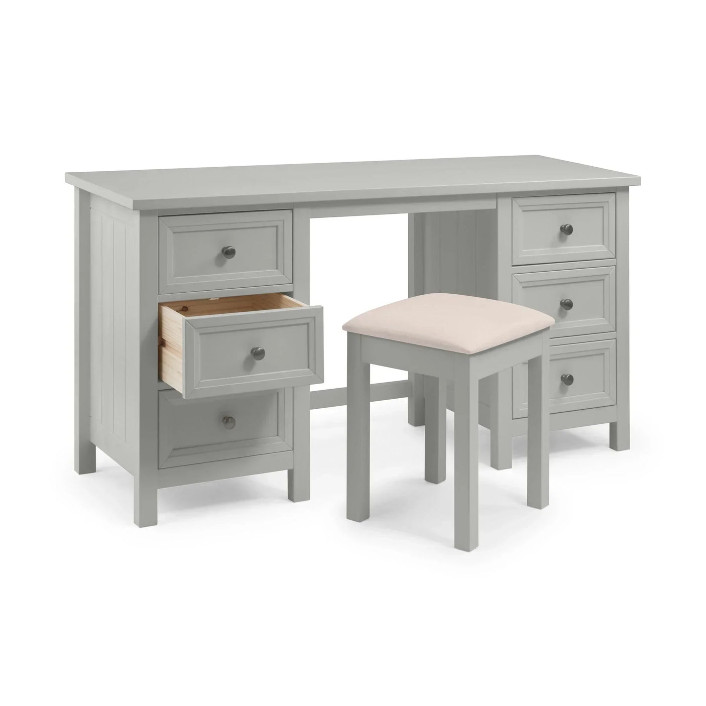 Grey dressing table with six drawers and matching stool, one drawer open, white backdrop