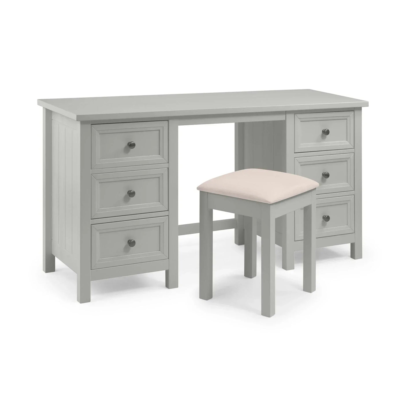 Grey dressing table with six drawers and matching stool with padded seat