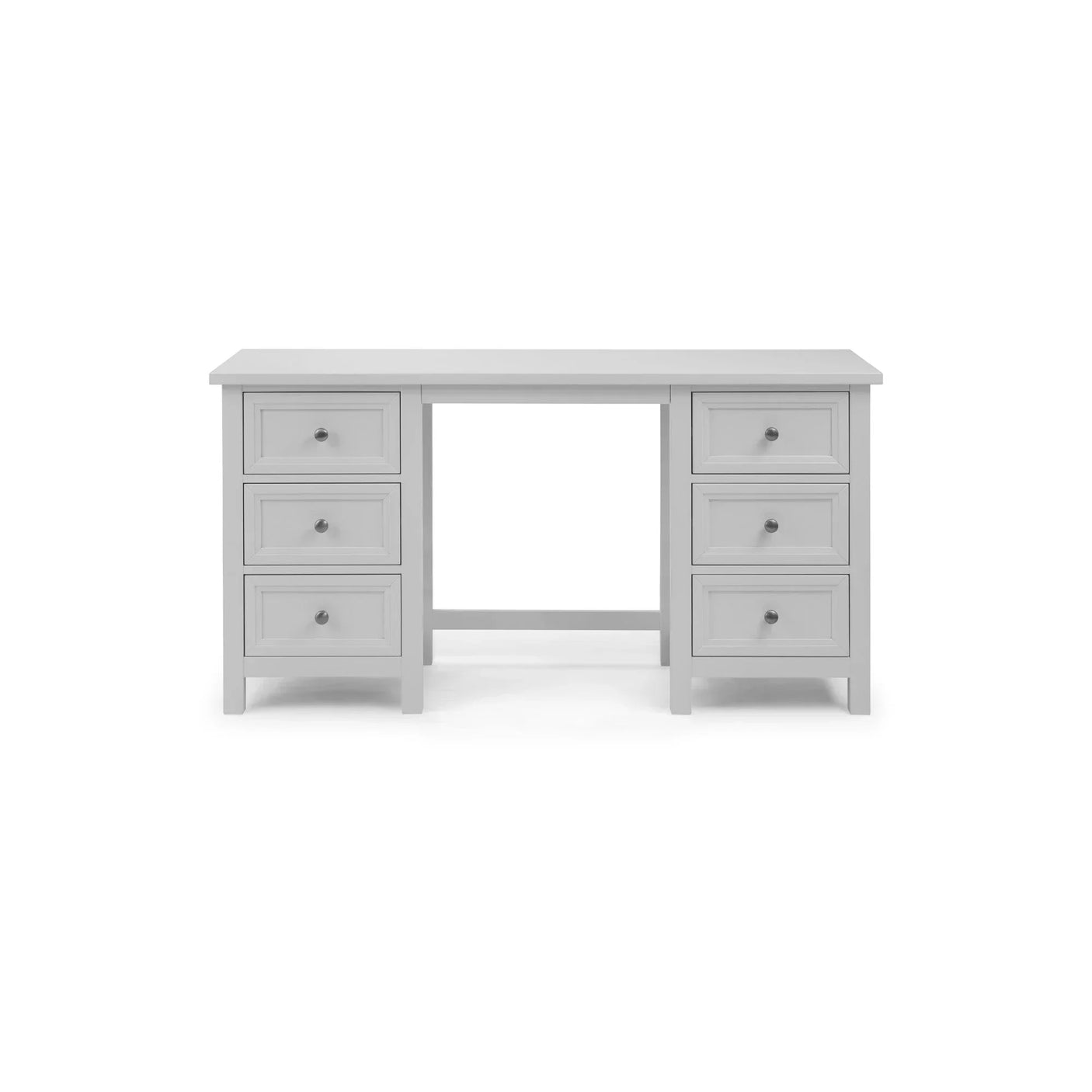 Light grey wooden desk with six drawers and simple metal knobs, front view
