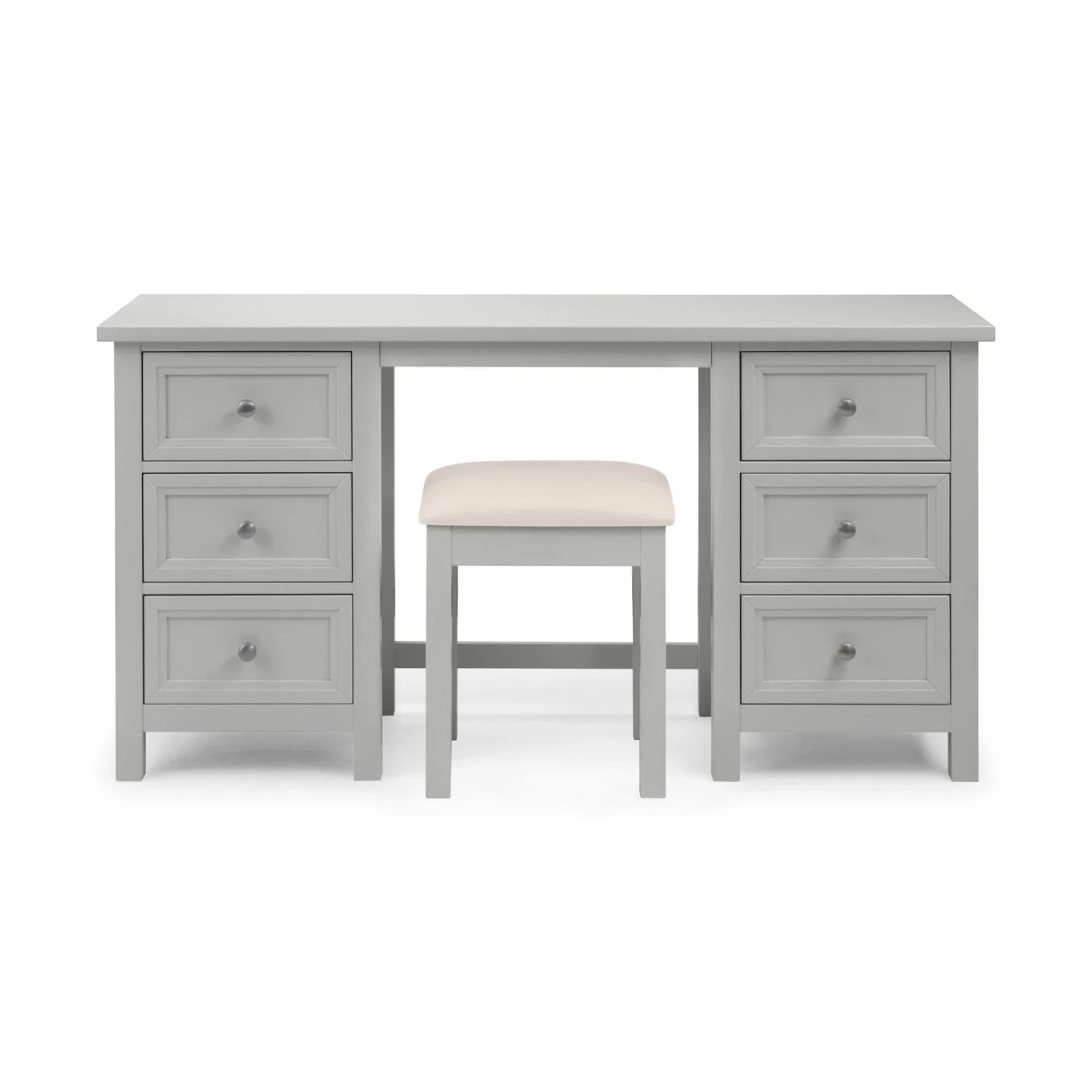 Grey dressing table with six drawers and matching cushioned stool, front view
