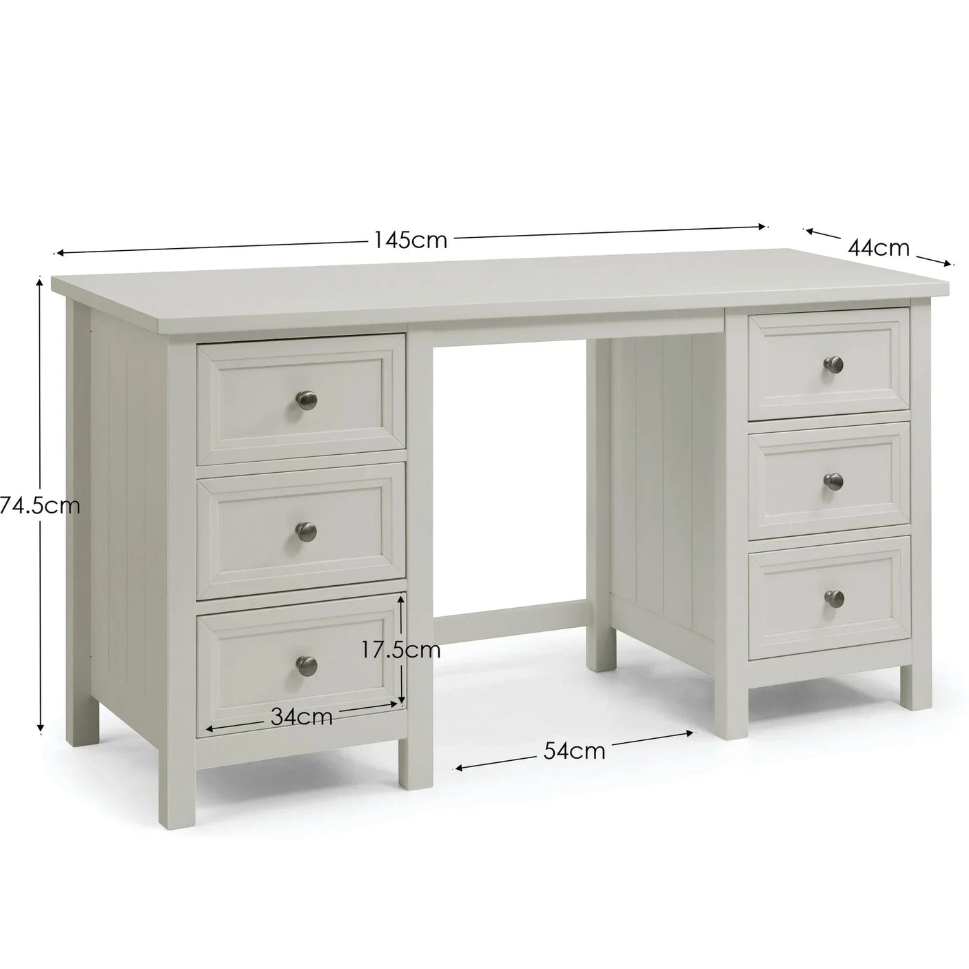 White wooden desk with six drawers and measurements shown on front and sides