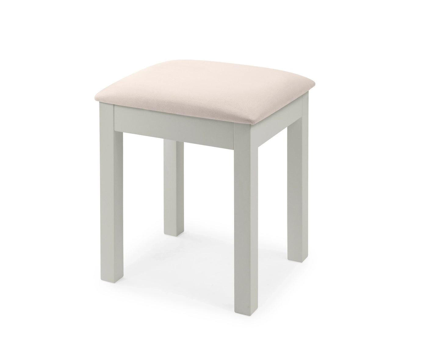 Dove grey dressing stool with padded cream seat and straight wooden legs on white background