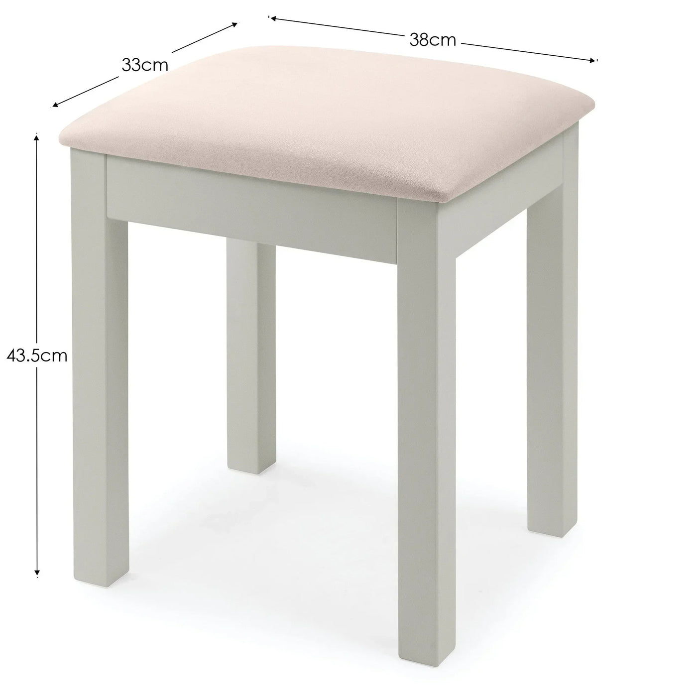 White wooden dressing table stool with beige padded seat and dimensions shown