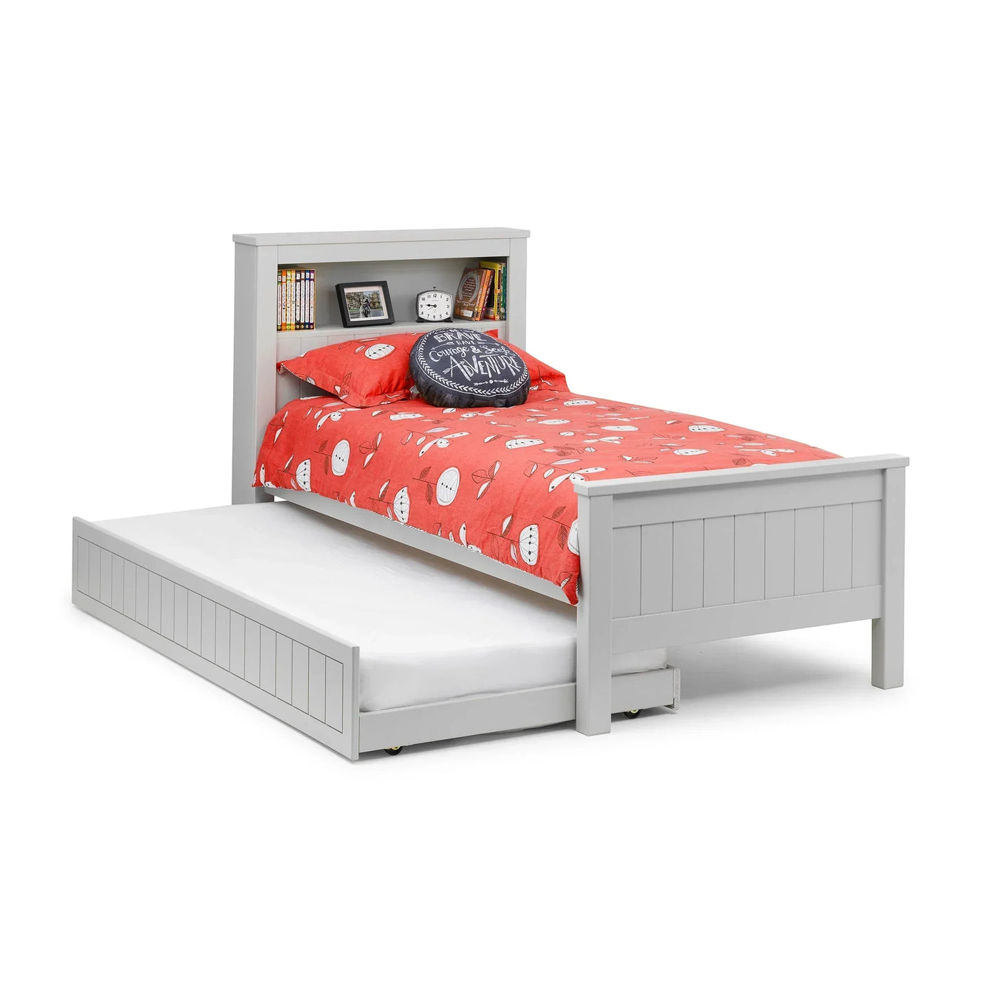 Grey bookcase bed with trundle, headboard storage, and red bedding on white background
