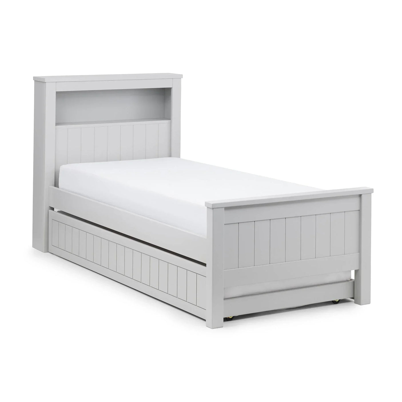 Grey bookcase bed with headboard storage and pull-out trundle drawer, angled view