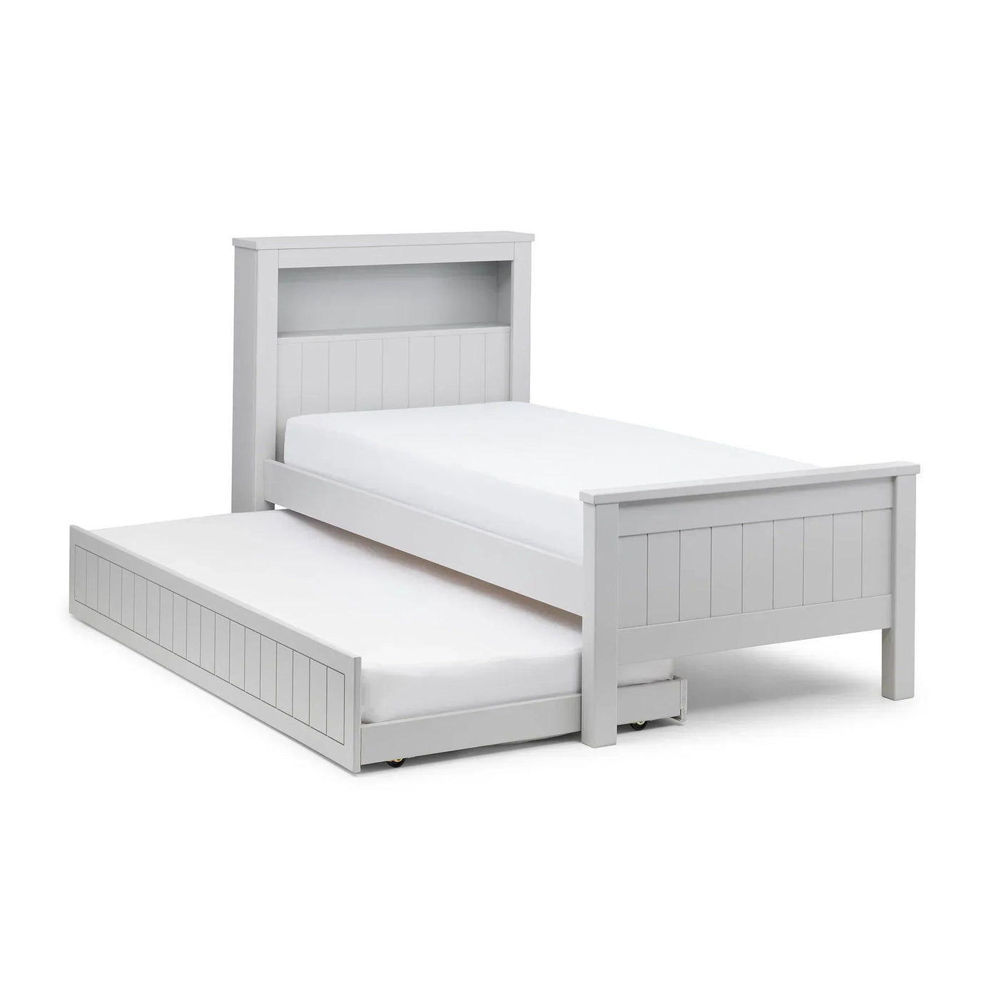 Grey bookcase bed with pull-out trundle bed feature, white panel design, side angle view