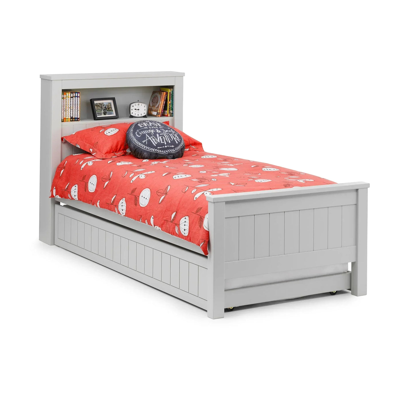 Grey bookcase bed frame with underbed storage, headboard shelf, and red bedding
